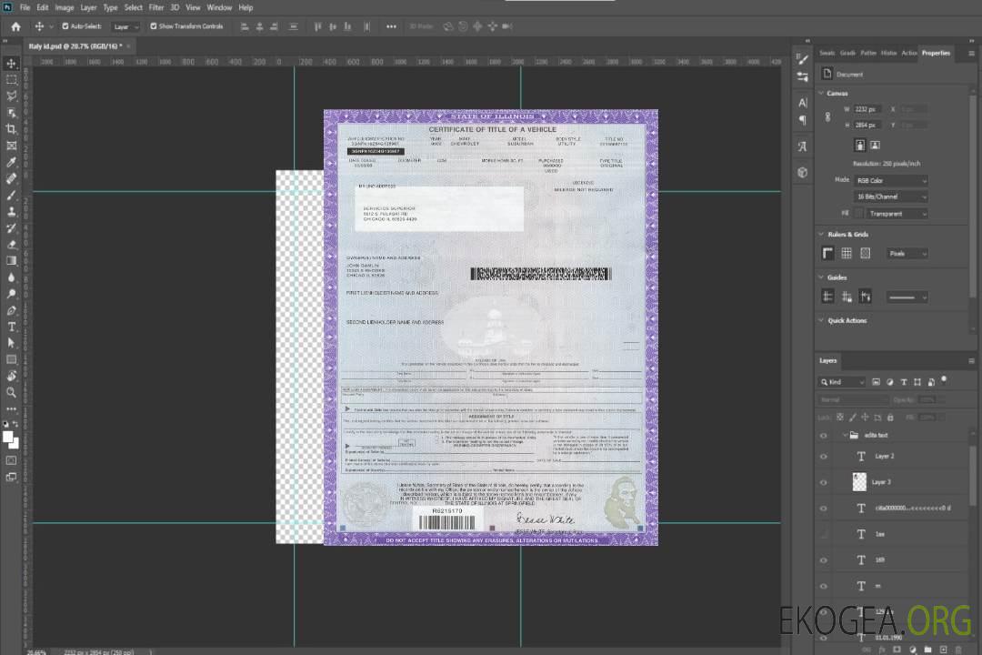 Certificat de titre de propriété de l'état de l'Illinois des États-Unis d'un modèle de véhicule au format PSD template